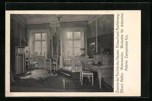 AK München, Ausstellung bemalter Wohnräume 1910, Eingerichtetes Zimmer mit Sekretär