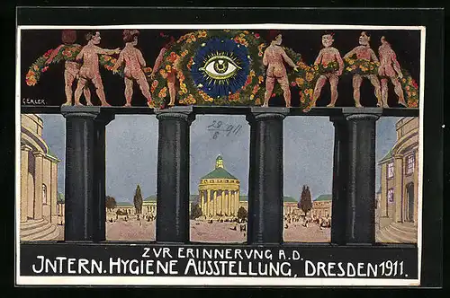 Künstler-AK Dresden, Intern. Hygiene- Ausstellung 1911, Säulen am Eingang