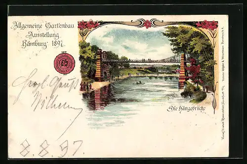 Lithographie Hamburg, Allgemeine Gartenbau-Ausstellung 1897, Hängebrücke