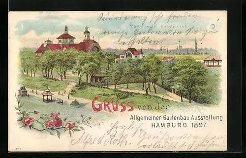 Lithographie Hamburg, Allgemeine Gartenbau-Ausstellung 1897, Panorama1