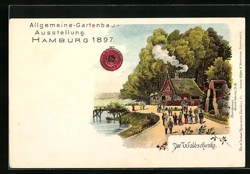 Lithographie Hamburg, Allgemeine Gartenbau-Ausstellung 1897, Gasthaus zur Waldschenke
