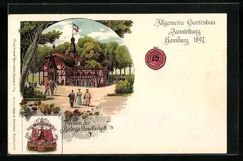 Lithographie Hamburg, Allgemeine Gartenbau-Ausstellung 1897, Pavillon der Bodega-Gesellschaft