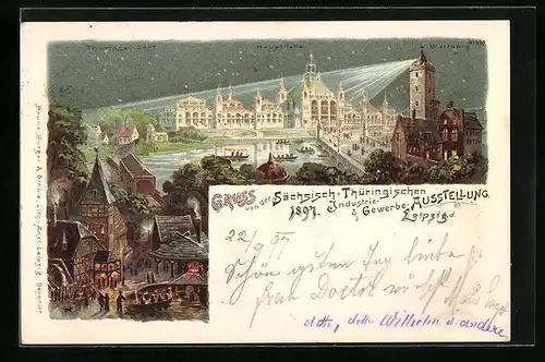 Lithographie Leipzig, Sächsisch Thüringische Industrie- & Gewerbe-Ausstellung 1897, Totalansicht mit Haupthalle