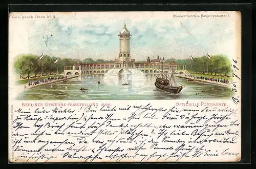 Lithographie Berlin, Gewerbe-Ausstellung 1896, Wasserturm und Hauptrestaurant