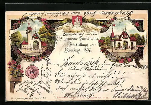 Lithographie Hamburg, Allgemeine Gartenbau-Ausstellung 1897, Eingangsthore