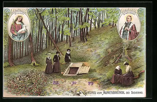 Lithographie Wien, Gasthaus Agnesbründl bei Sievering, Geheimeingang im Wald