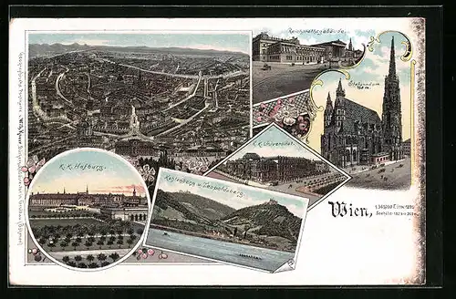 Lithographie Wien, K. K. Hofburg, Reichsrathsgebäude, Stefansdom, K. K. Universität