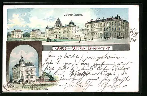 Lithographie Wien-Donaustadt, Hotel Theresienhof, Passaten vor der Infanteriekaserne
