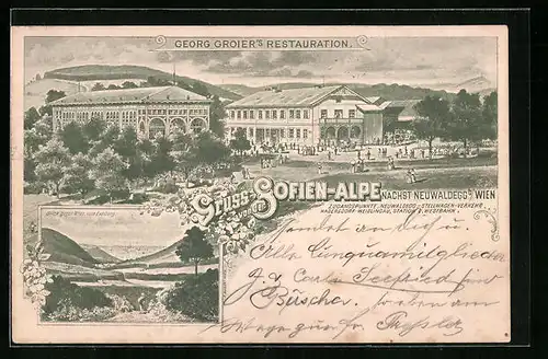 Lithographie Neuwaldegg, Georg Groier`s Restaurant an der Sofienalpe