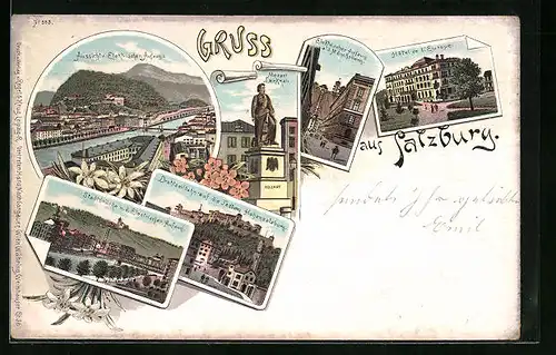 Lithographie Salzburg, Hotel de l`Europe, Mozartdenkmal, Stadtbrücke m. d. elektrischen Aufzug