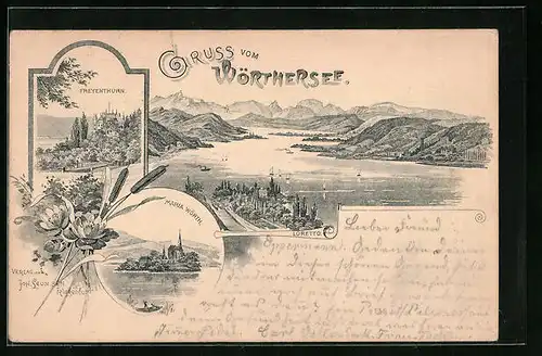 Lithographie Freyenthurn am Wörthersee, Maria Wörth, Loretto aus der Vogelschau