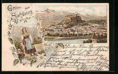 Lithographie Salzburg, Trachtenmädel, Edelweiss, Ortsansicht