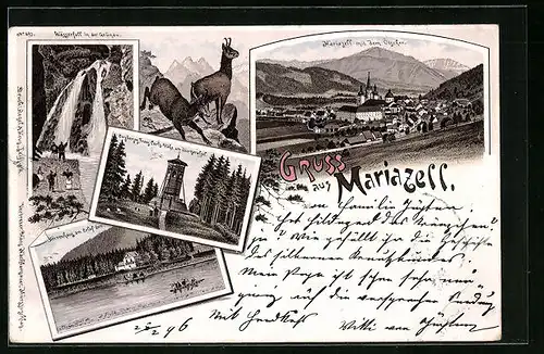 Lithographie Mariazell, Wasserfall in der Grünau, Gemsen, Ortsansicht mit dem Ötscher