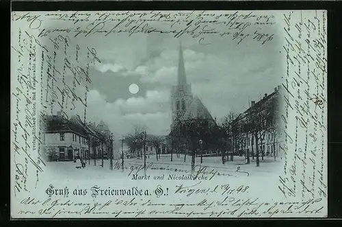 Mondschein-AK Freienwalde O., Markt und Nicolaikirche