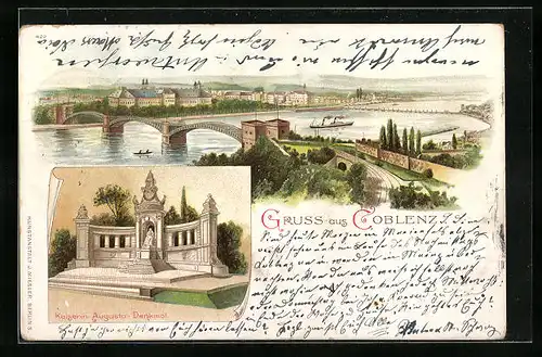 Lithographie Koblenz, Teilansicht mit Brücke, Kaiserin Augusta-Denkmal