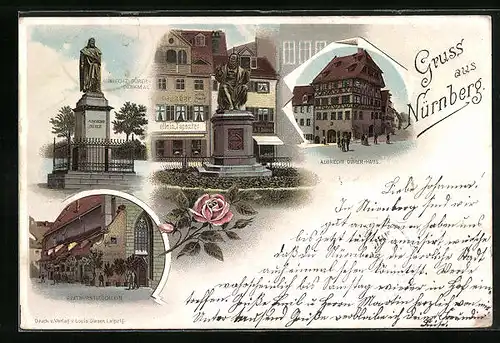 Vorläufer-Lithographie Nürnberg, 1895, Gasthaus Bratwurtstglöcklein, Albrecht Dürer Haus, Albrecht Dürer-Denkmal