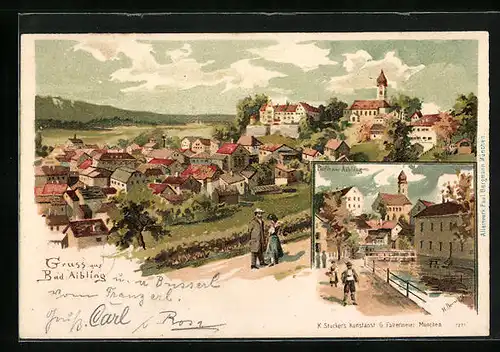 Lithographie Bad Aibling, Teilansicht, Ortspartie