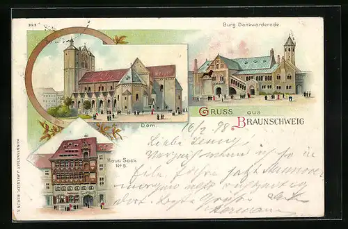 Lithographie Braunschweig, Haus Sack No. 5, Burg Dankwarderode, Dom