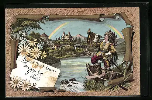 Lithographie Trompeter am Flussufer mit Regenbogen, Behüt Dich Gott!