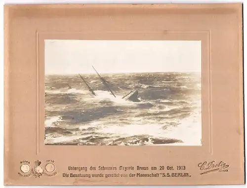 Fotografie C. Drobig, Genova, Untergang des Schooners Mayorie Brown 1913, Besatzung gerettet von der S.S. Berlin