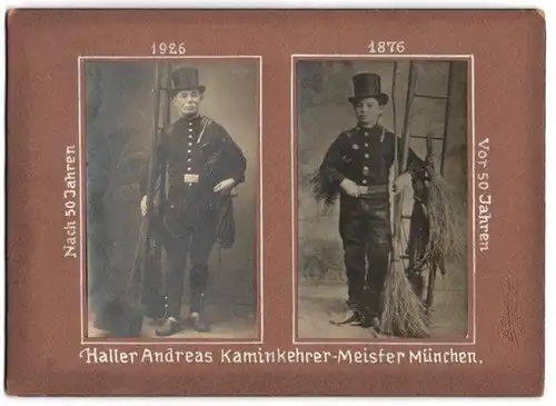 Fotografie G. Pettendorfer, München, Ansicht München, A. Haller Schornsteinfeger-Meister 1876 und 1926 nach 50 Jahren