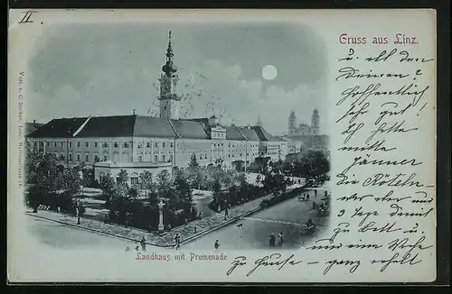 Mondschein-AK Linz /D., Landhaus mit Promenade