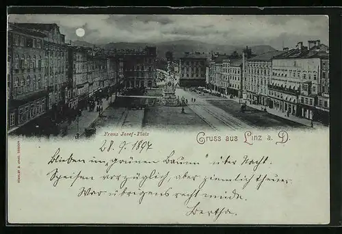Mondschein-AK Linz /D., Franz Josef Platz bei Nacht