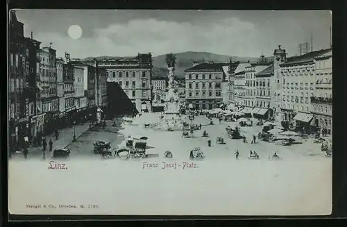 Mondschein-AK Linz /D., Franz Josef Platz aus der Vogelschau