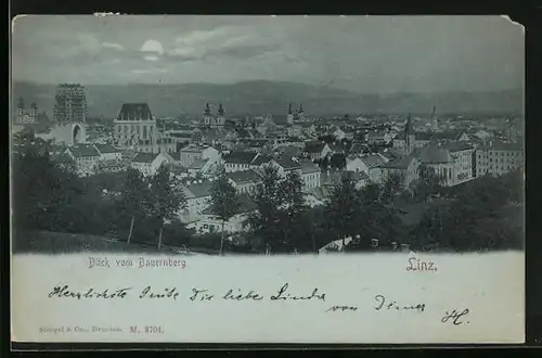 Mondschein-AK Linz /D., Blick vom Bauernberg