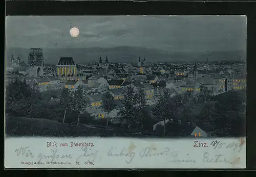 Mondschein-AK Linz /D., Blick auf den beleuchteten Ort vom Bauernberg