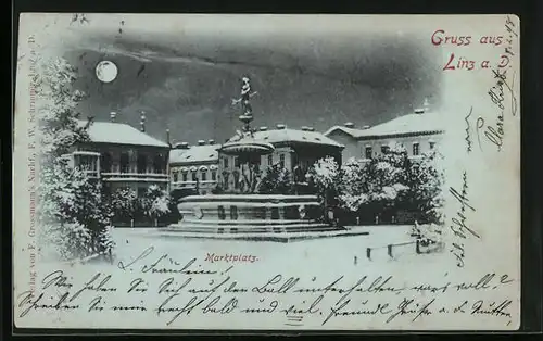 Mondschein-AK Linz /D., Der Marktplatz im Winter