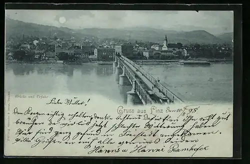 Mondschein-AK Linz /D., Brücke und Urfahr aus der Vogelschau