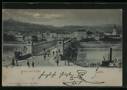 Mondschein-AK Linz /D., Brücke mit Urfahr im Hintergrund