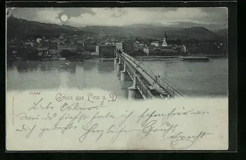 Mondschein-AK Linz /D., Blick auf Urfahr aus der Vogelschau