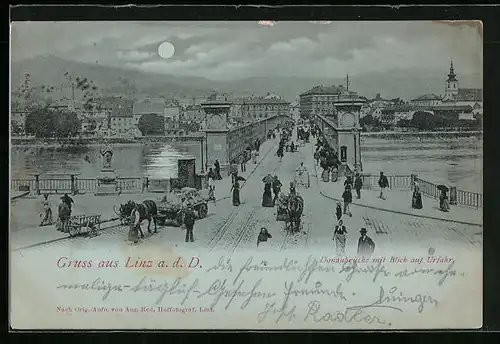 Mondschein-AK Linz /D., Passanten auf der Donaubrücke, Urfahr