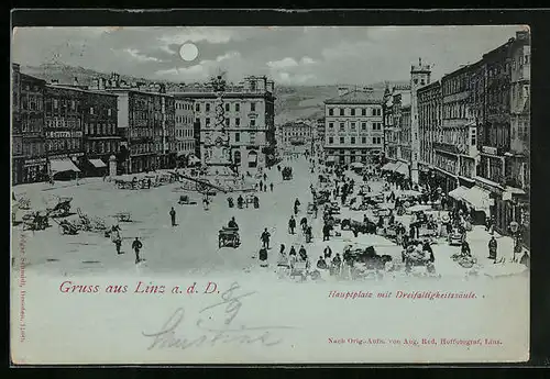 Mondschein-AK Linz /D., Hauptplatz mit Dreifaltigkeitssäule