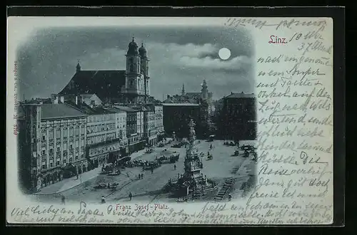 Mondschein-AK Linz /D., Franz Josef Platz mit Passanten