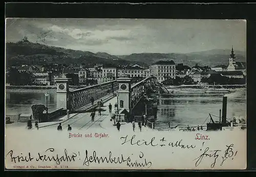 Mondschein-AK Linz /D., Passanten auf der Brücke, Urfahr