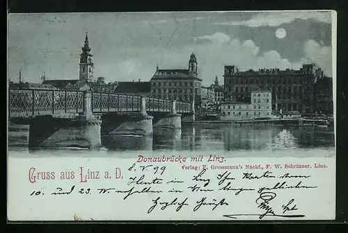 Mondschein-AK Linz /D., Donaubrücke