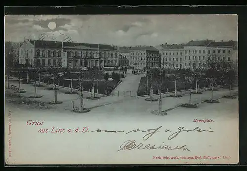 Mondschein-AK Linz /D., Marktplatz