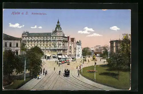 AK Halle a. S., Riebeckplatz mit Strassenbahn