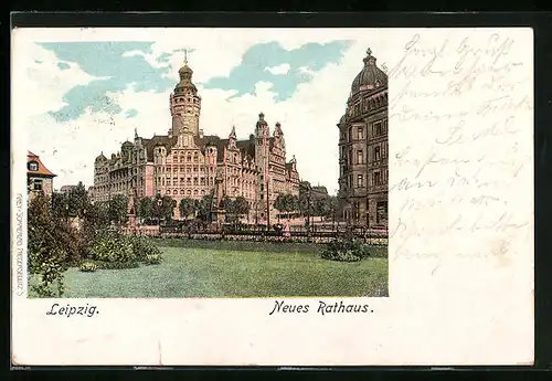 Lithographie Leipzig, Blick zum Rathaus