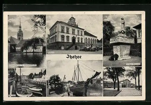 AK Itzehoe, Rathaus, Klosterhof mit St. Laurentii-Kirche, Die Stör, Hafenpartie