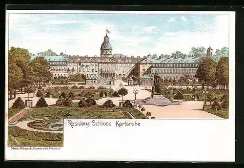 Lithographie Karlsruhe, Ansicht des Residenz-Schlosses