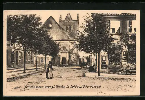 AK Soldau /Ostpreussen, Zerschossene evang. Kirche