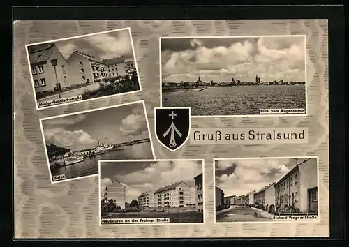 AK Stralsund, Blick vom Rügendamm, Hafen, Müller-Grählert-Strasse, Neubauten Prohner Strasse