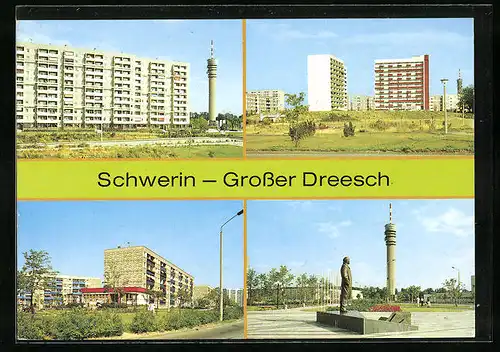 AK Schwerin, Grosser Dreesch - Hochhäuser, Denkmal, Turm