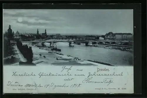 Mondschein-AK Dresden, Uferpartie mit Brücke