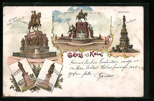 Lithographie Köln, Denkmal Friedrich Wilhelm III., Kaiser wilhelm I., Bismarck-Denkmal