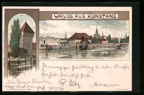 Künstler-AK Karl Mutter: Konstanz, Uferpartie mit Dampfer, Turm